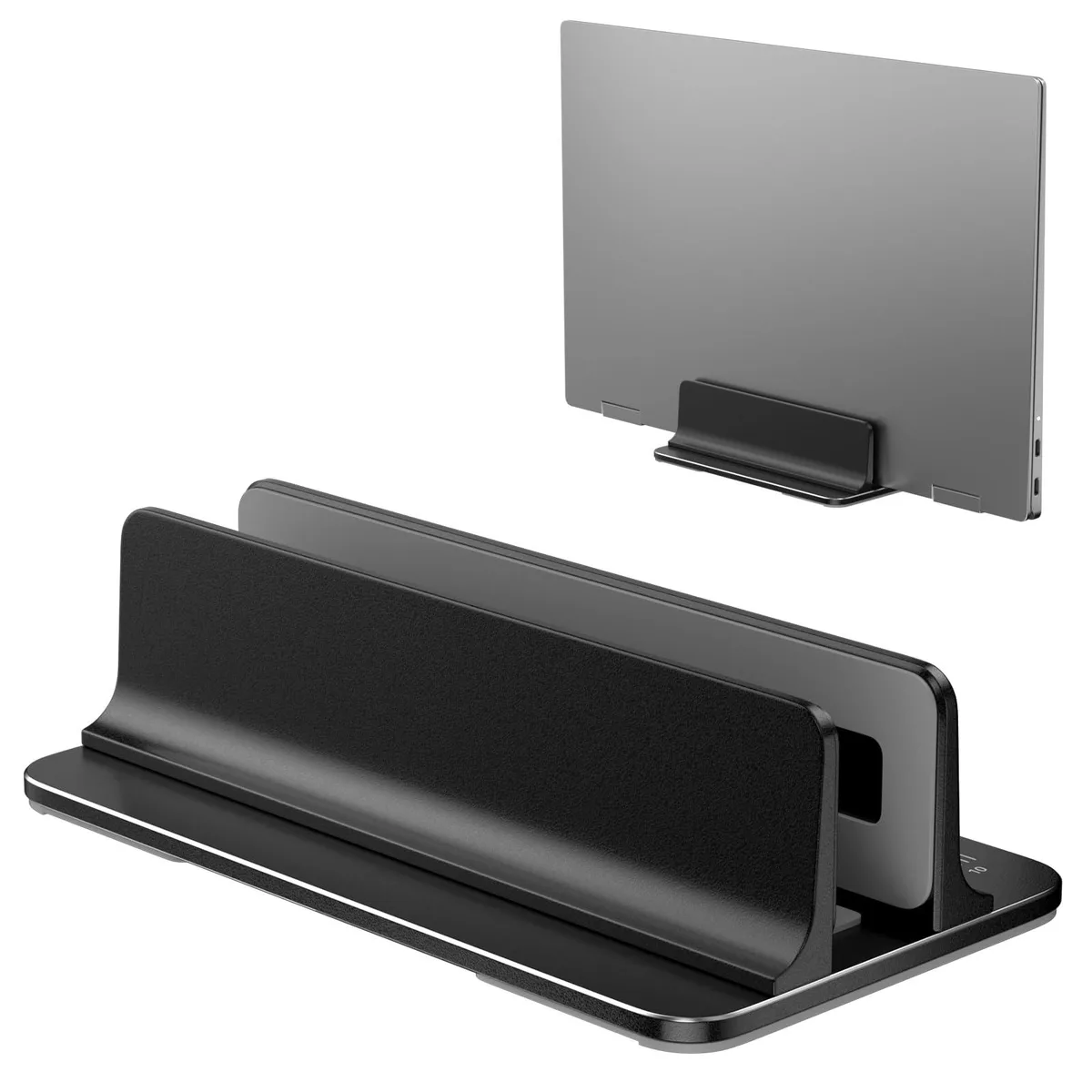 Black aluminium vertical laptop stand with adjustable slot and silicone-lined base, 5.9 × 3.2 × 2 inches