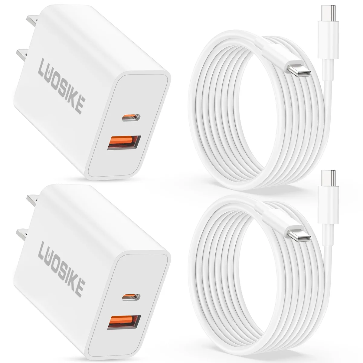 Two white wall chargers with USB-C and USB-A ports plus two white USB-C cables