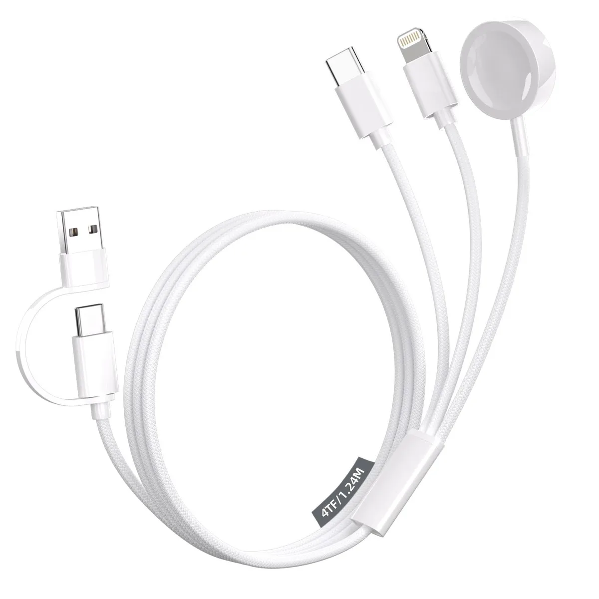 A white 4-foot cable with USB-C, USB-A and Apple Watch charger ends