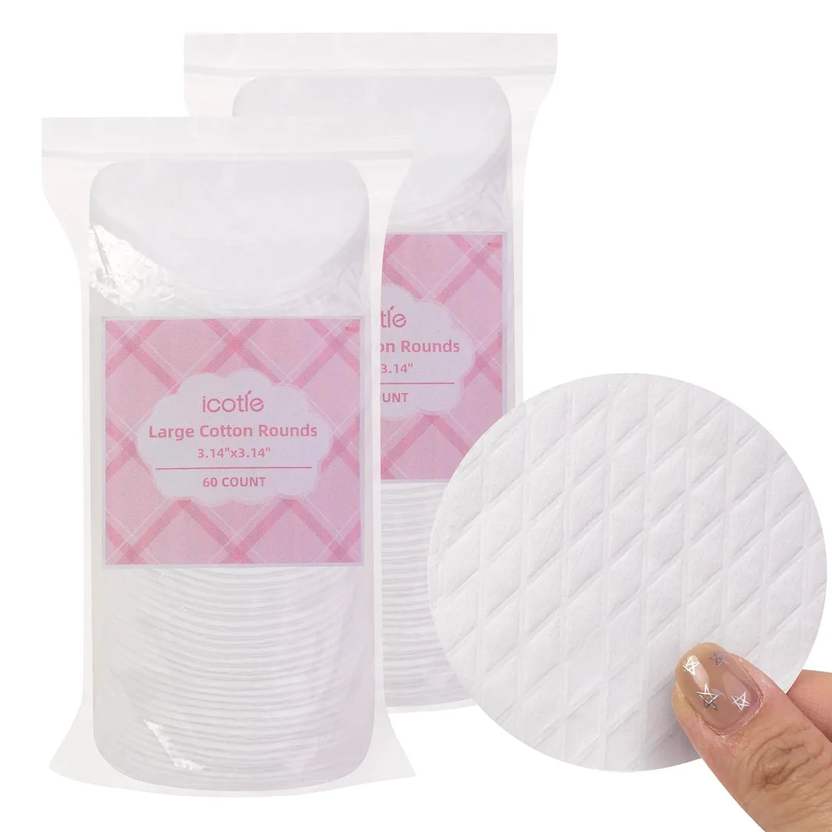 White round cotton pads in a clear bag, 3.14 inch diameter, 120 count