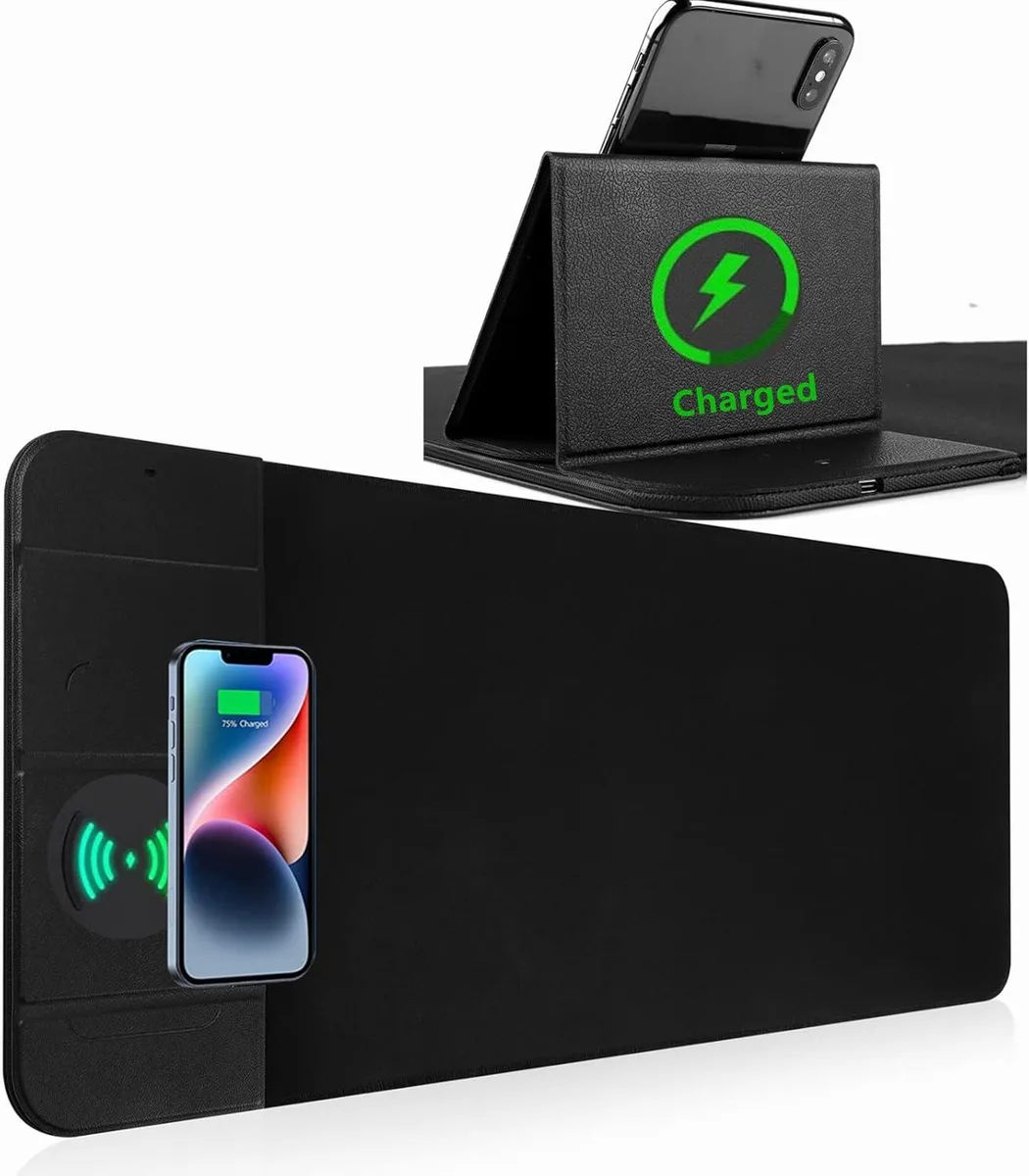Brainwavz Brainwavz Wireless Charging Mouse Pad 15W Qi Phone Holder Foldable Stand 31.5 x 11.8 Black — product photo