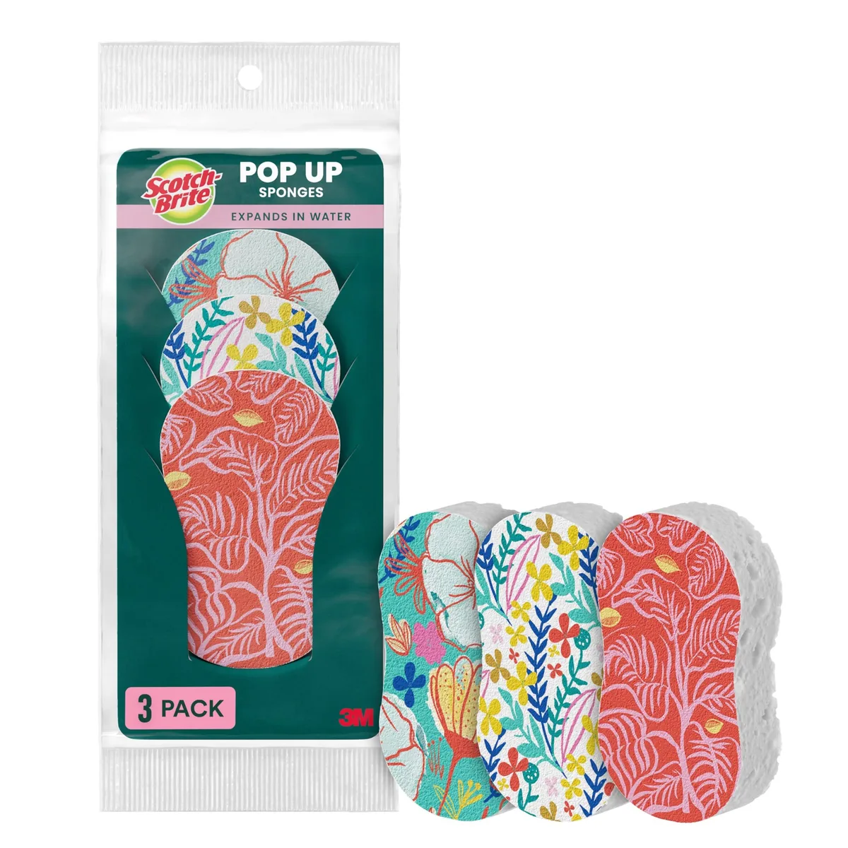 Three compressed floral cellulose sponges in a pack, thin flat rectangles that expand when wet