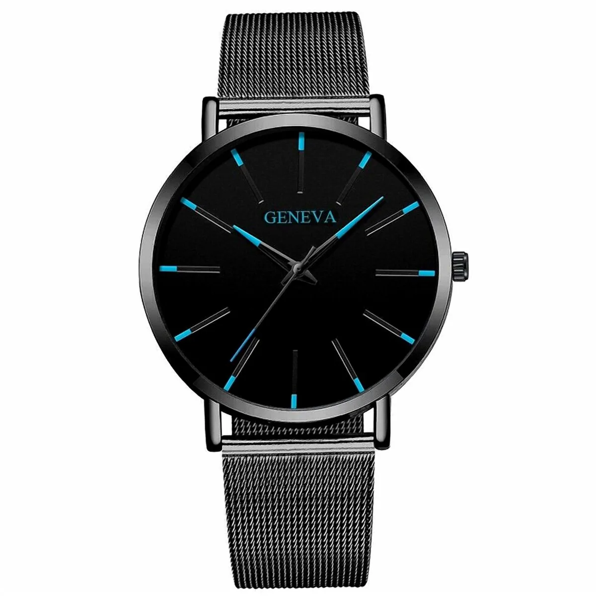 Black round analog watch with stainless steel band and luminous dial