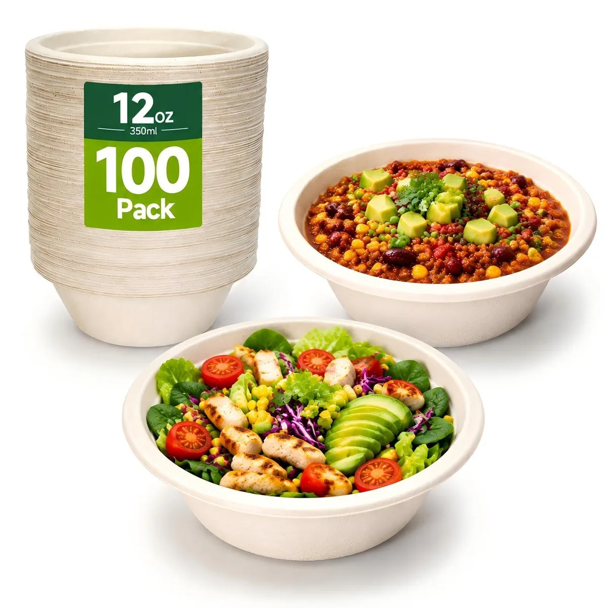 Stack of 100 round brown 12 oz compostable sugarcane fiber bowls