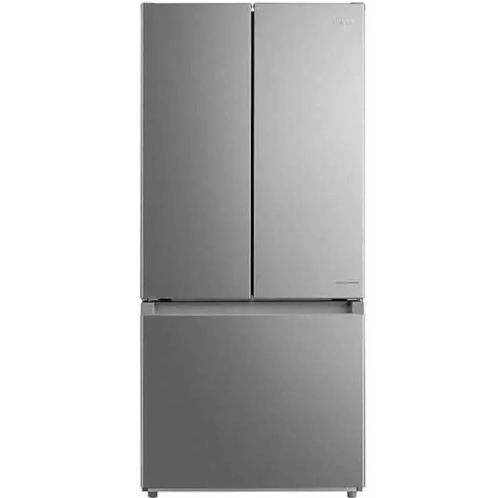 Stainless steel French door refrigerator with bottom freezer and counter-depth profile