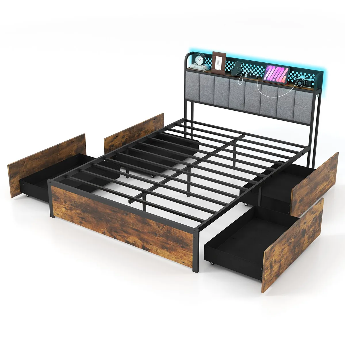 SlickBlue SlickBlue Full Bed Frame LED Upholstered Headboard 4 Drawers Rustic Brown — product photo