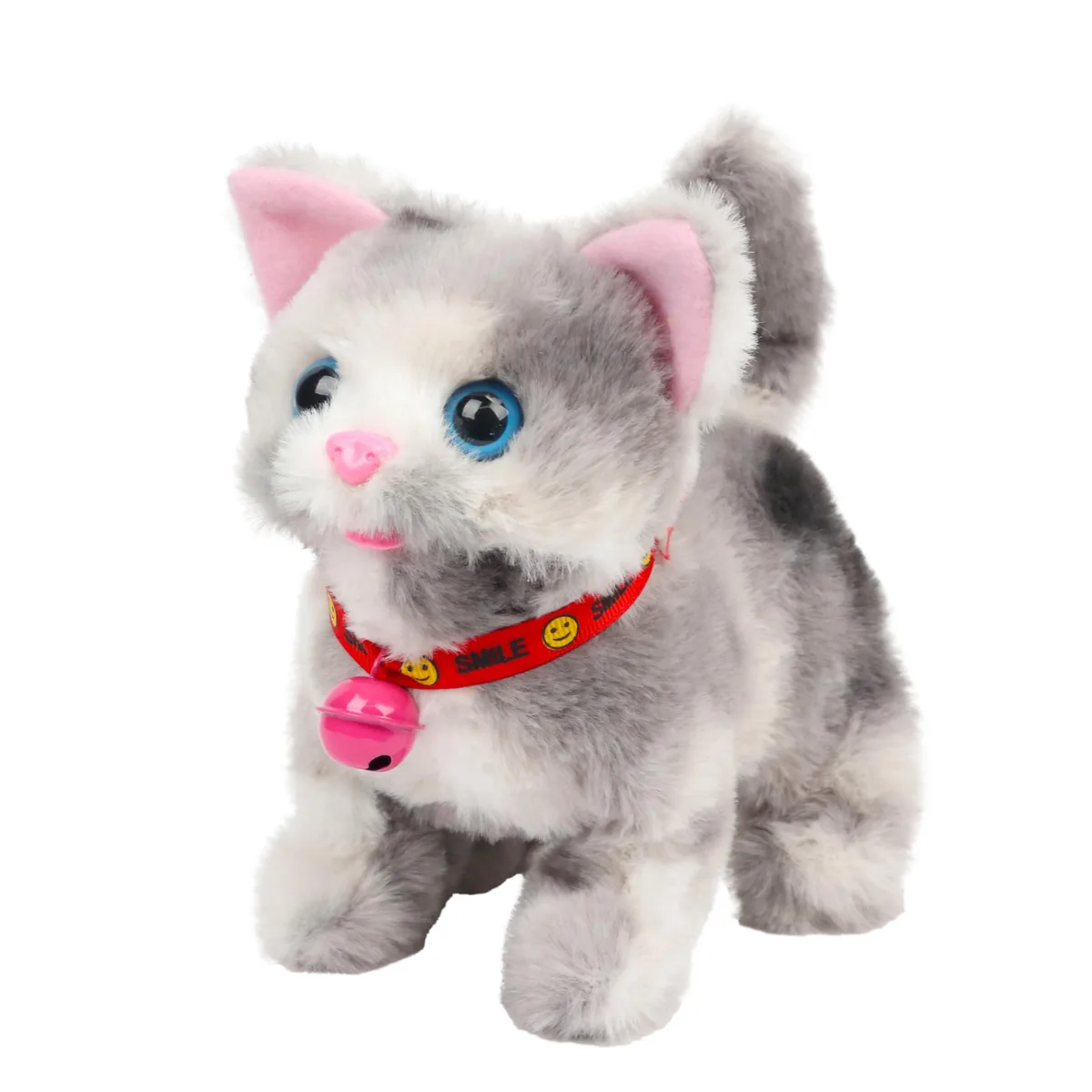Grey plush cat toy, 7 inches, standing on four legs with bright eyes and slender tail