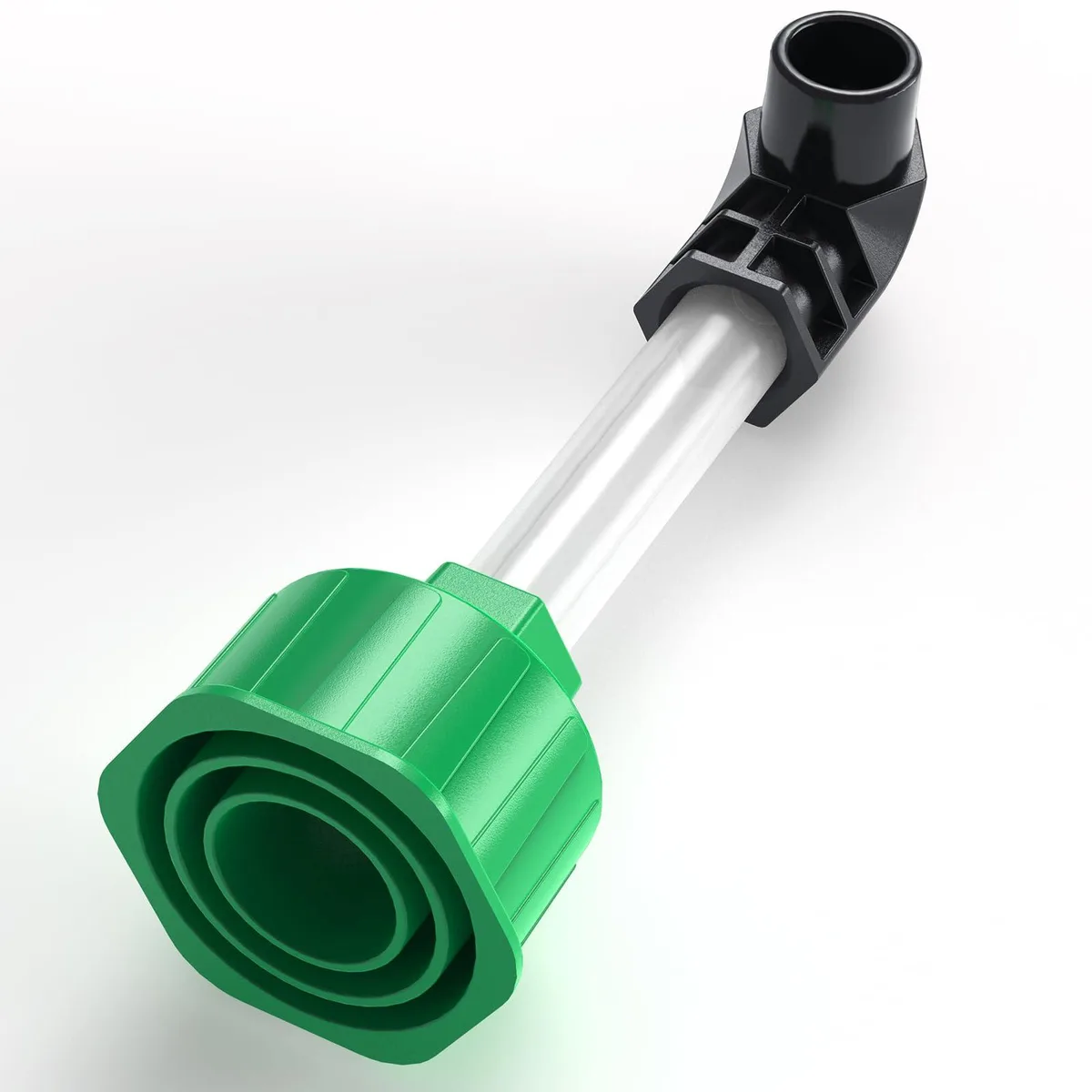 Twelve green plastic AC drain line cleaner adapters with clear tubes and black ribbed elbows
