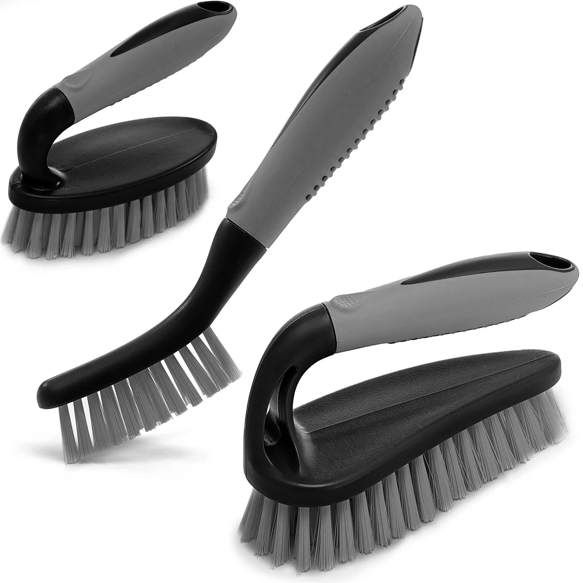 Set of three scrub brushes with ergonomic rubber handles