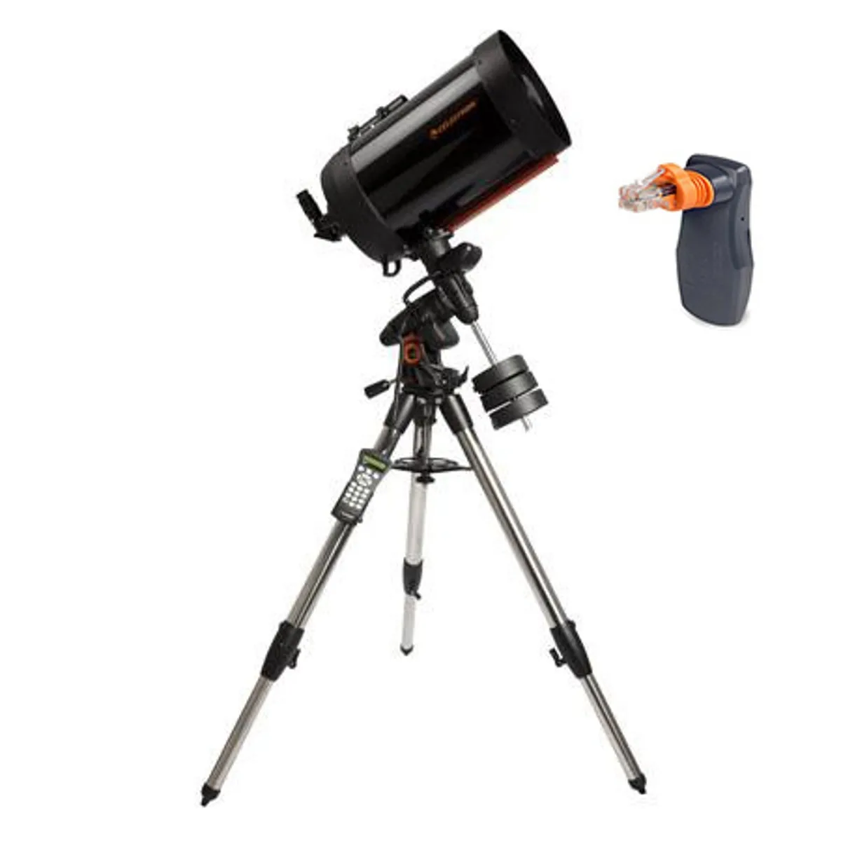 Large silver Schmidt-Cassegrain telescope on German equatorial mount with tripod and hand control