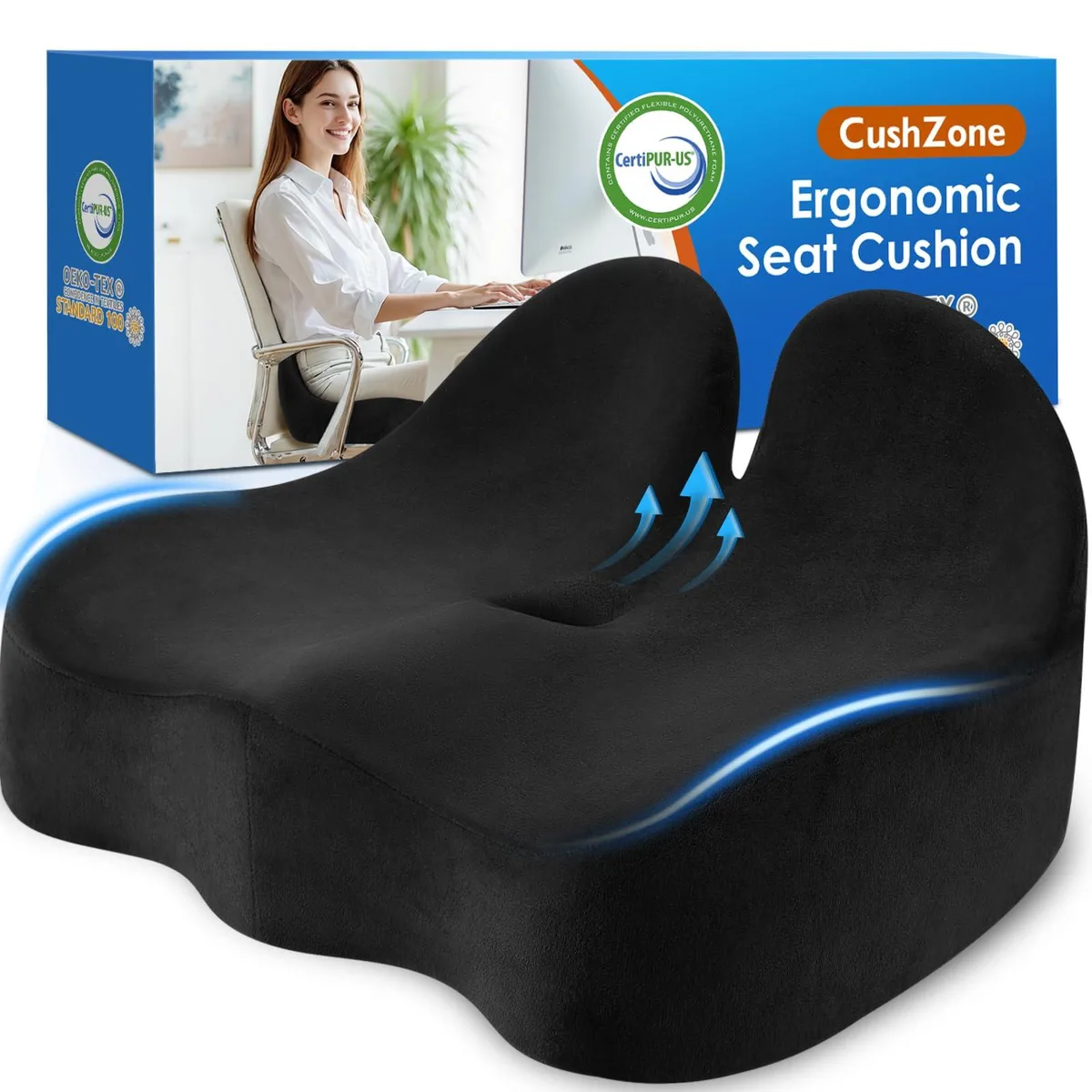 Black ergonomic memory foam seat cushion with removable cover and anti-slip base, small size, pack of 10