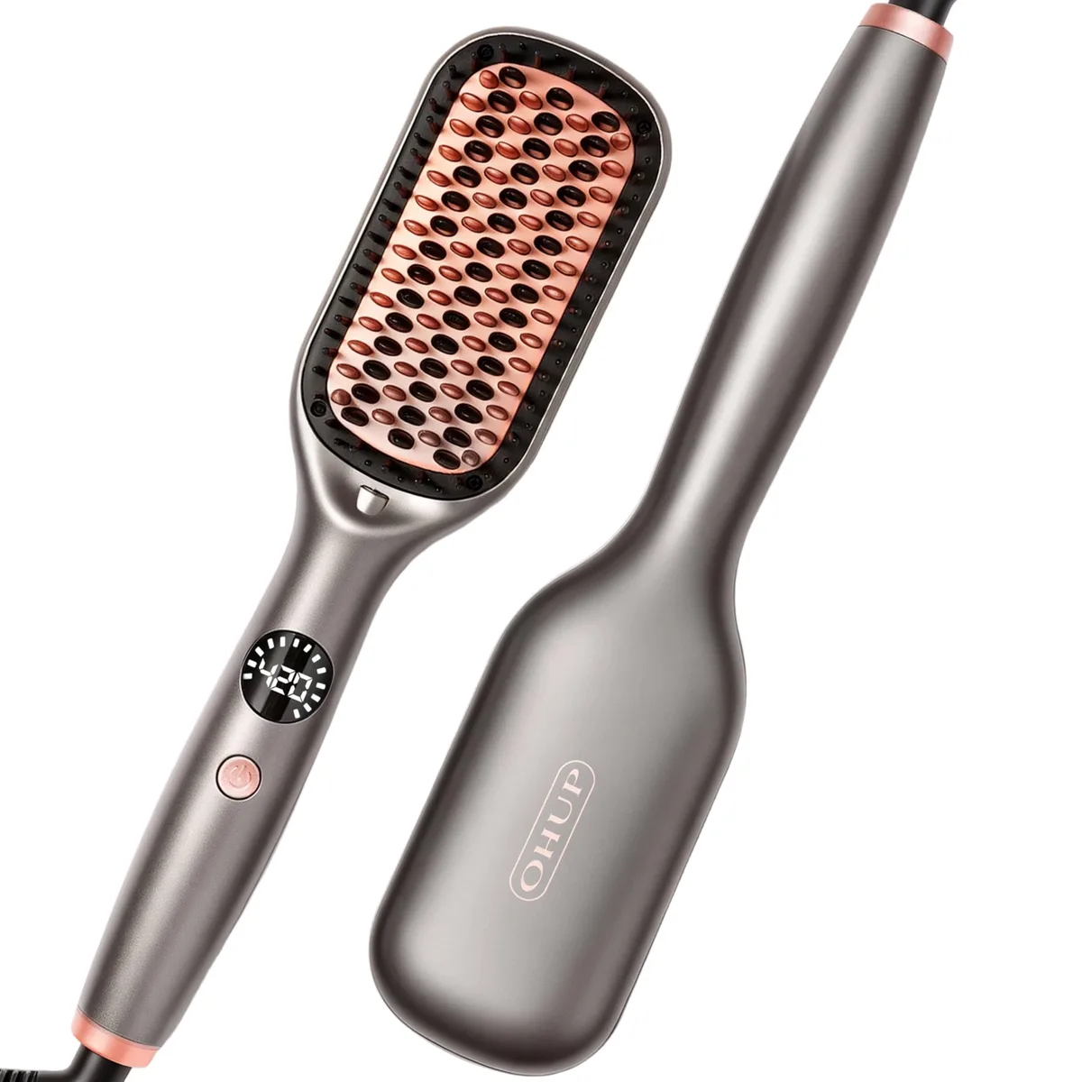 Grey hair straightener brush with digital display and wide comb bristles