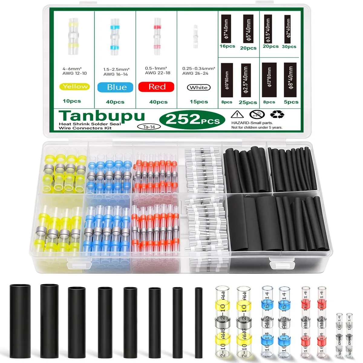 Clear box holding 252 colour-coded butt splice connectors and black heat-shrink tubes