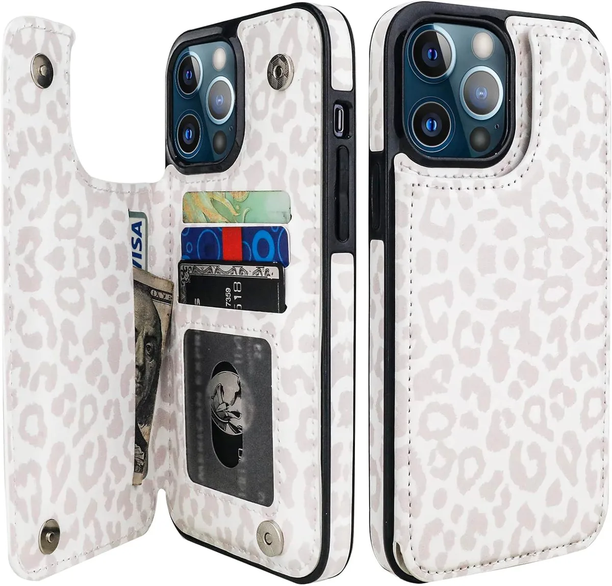 White leopard cheetah pattern PU leather wallet case for iPhone 13 Pro Max