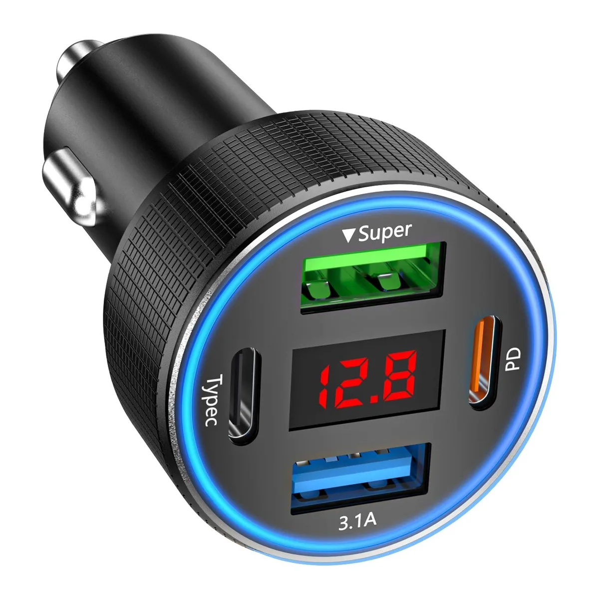 Black car charger with four USB ports and central LED voltmeter display