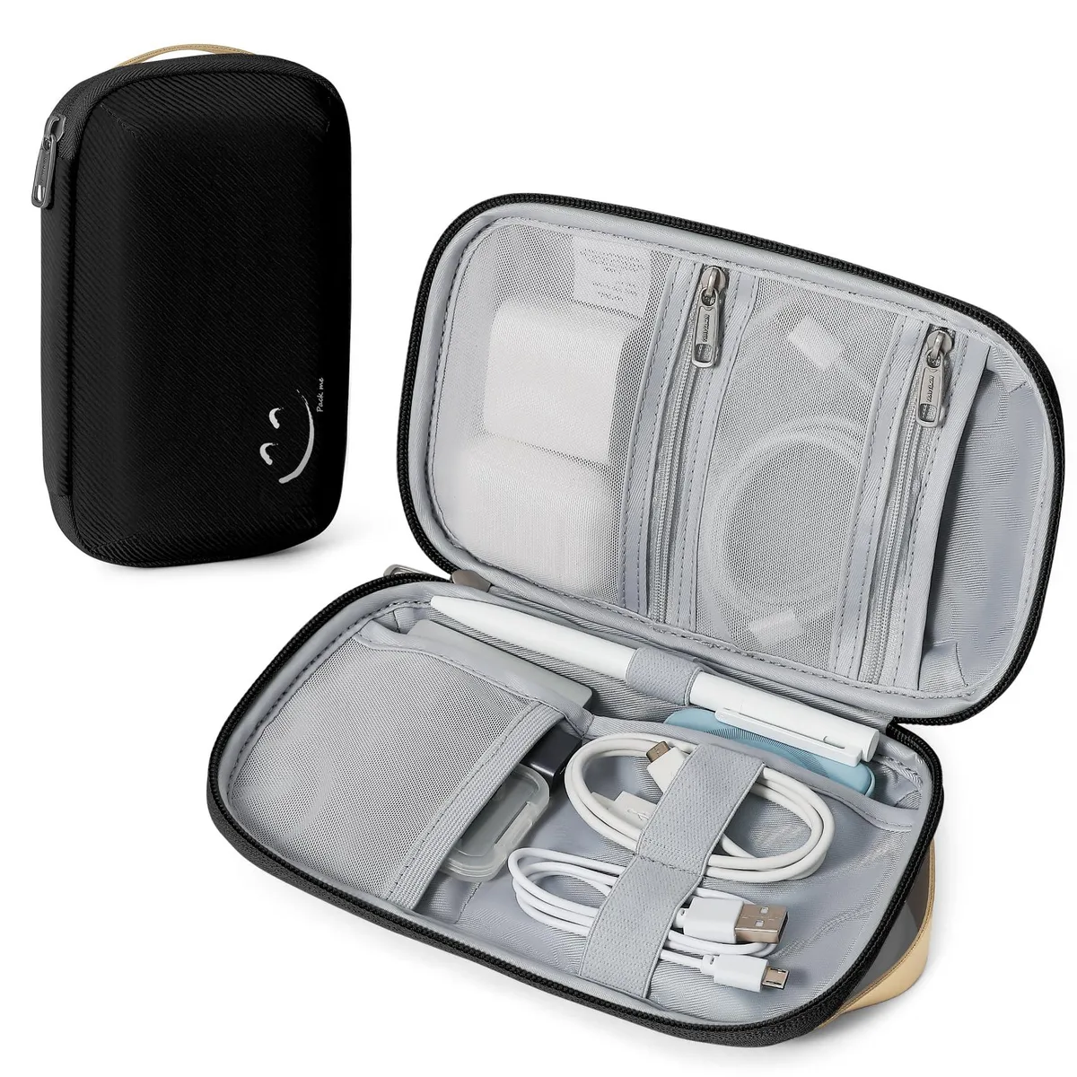 Small black polyester tech bag with zip closure and hand strap