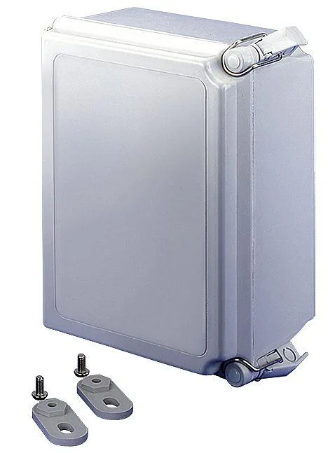 Gray fiberglass electrical enclosure with hinged cover and captive screws