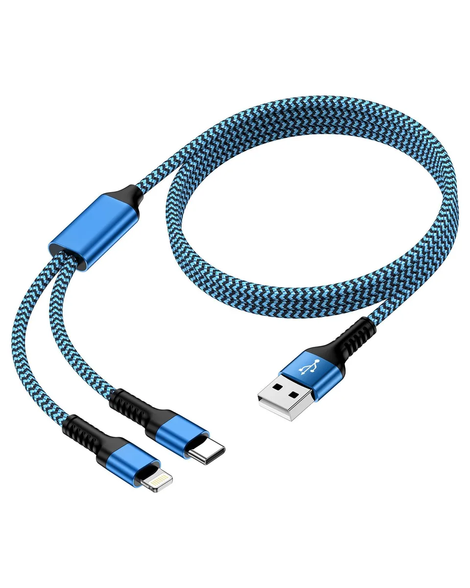 Ocbuo 2-in-1 USB-A to USB-C & Lightning Cable 4ft Blue 15W — product photo