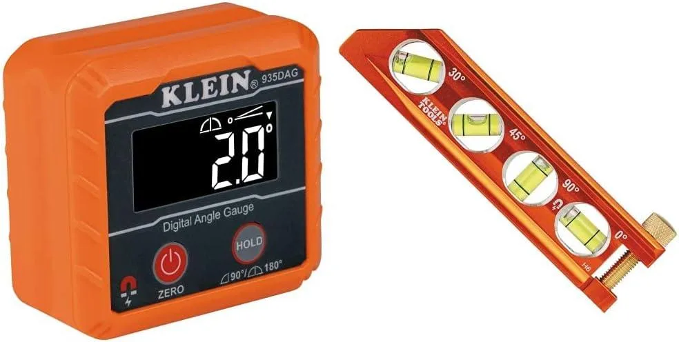A digital angle gauge and orange magnetic torpedo level in a kit