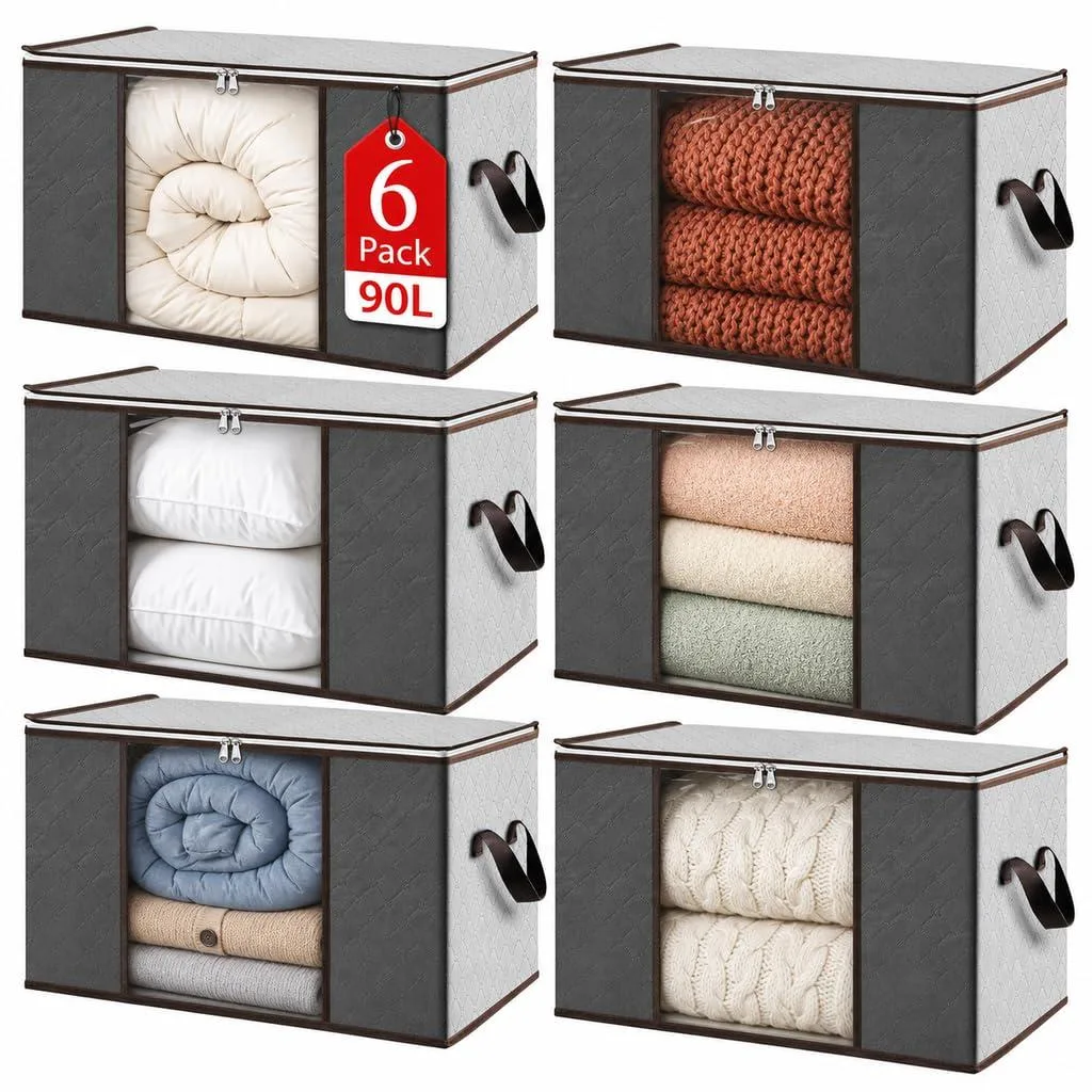 Six grey 90L fabric storage bags with clear windows and handles