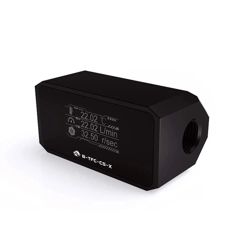 Small rectangular digital flow meter with OLED screen showing flow temperature and speed
