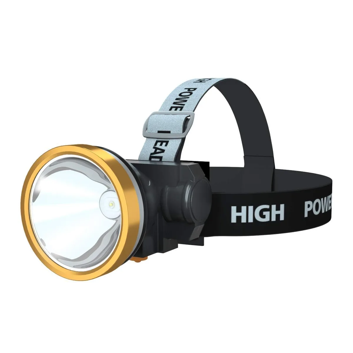 Black rechargeable LED headlamp with adjustable strap and tilting light module