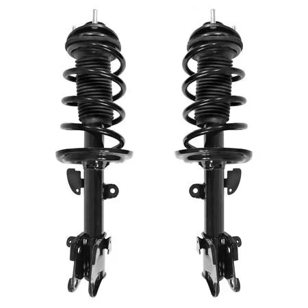 Pair of silver front strut assemblies with coiled springs and top mounts