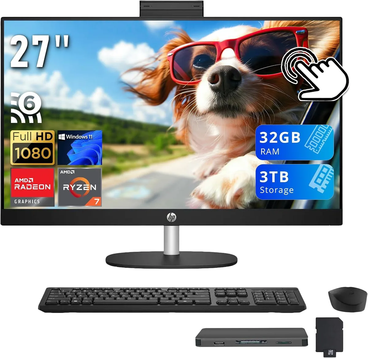 HP HP All-in-One PC 27" FHD Touchscreen AMD Ryzen 7 7730U 32GB DDR4 2TB SSD + 1TB Docking Station Black — product photo