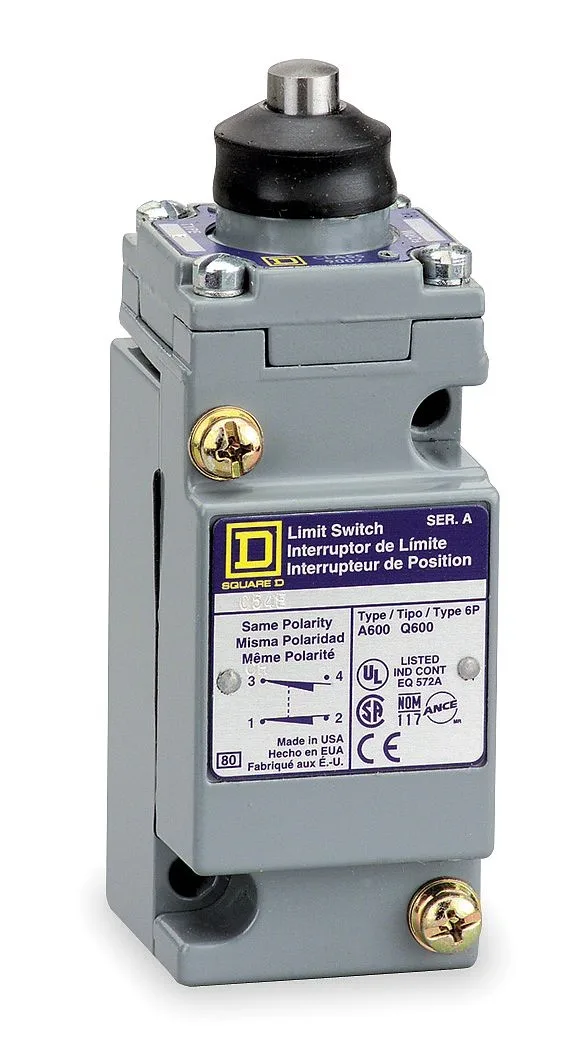 Square D limit switch, top push-rod plunger, grey miniature body