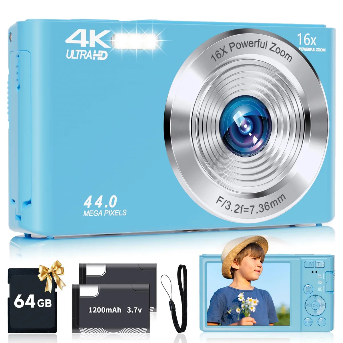  SMARTKLIK digital camera 44MP 4K 16x zoom 64GB Blue — product photo