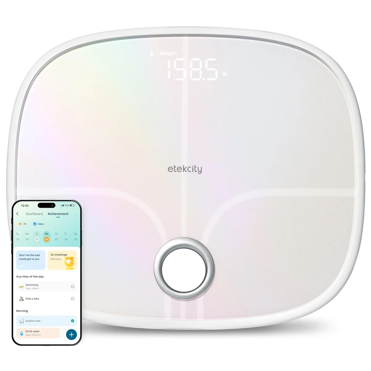 Black rectangular bathroom scale with built-in handle and digital display