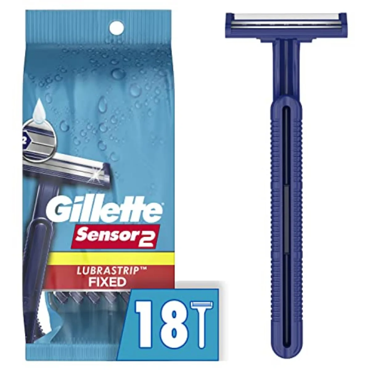 Blue plastic disposable razors, 18-count pack, fixed twin-blade heads with lubrastrip