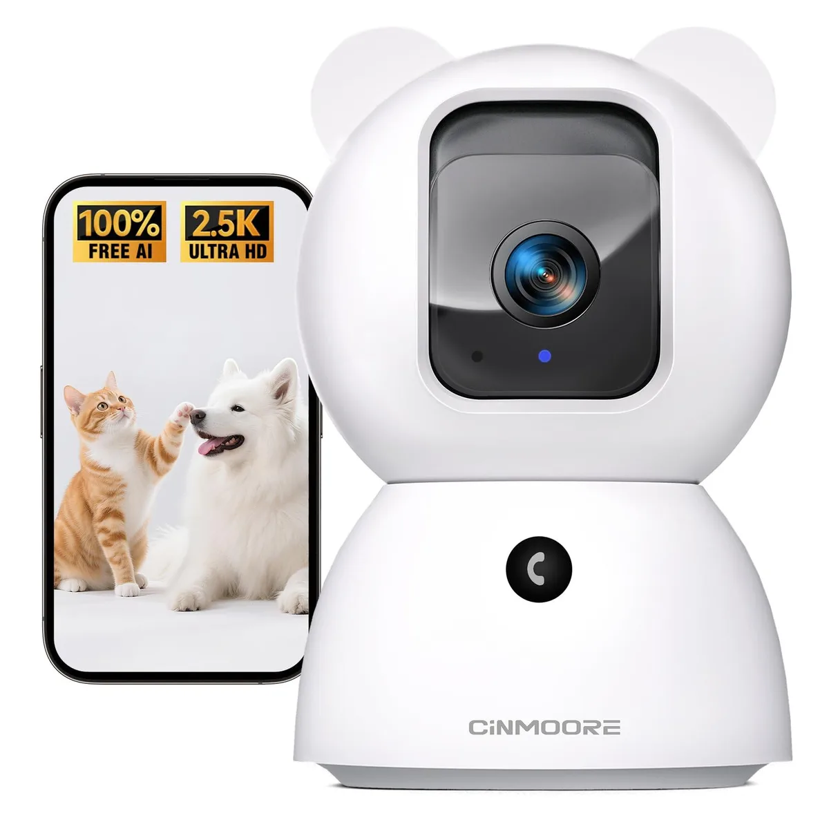 White indoor pan-tilt security camera with 2.5K resolution