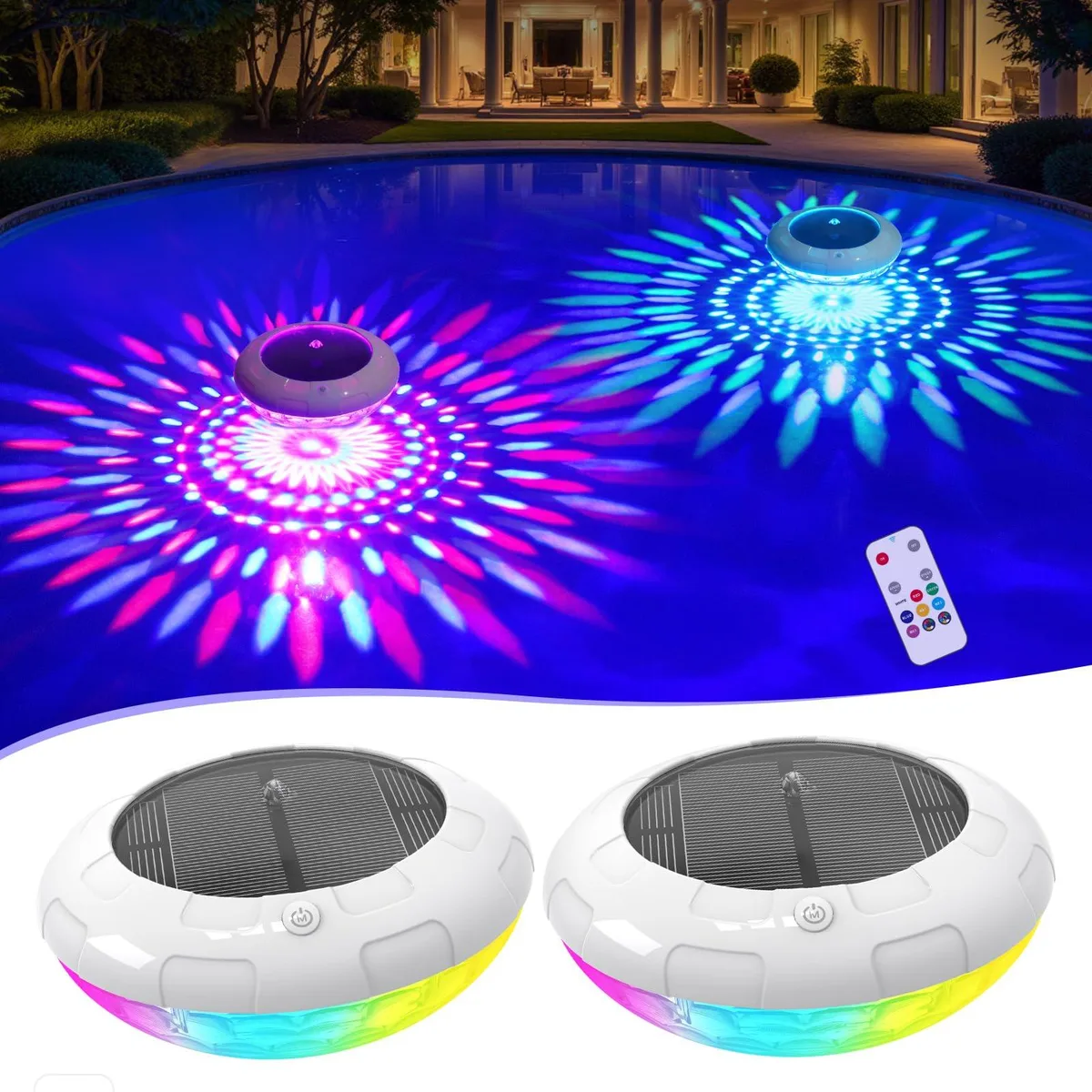 Two white acrylic spheres 6.5 inches wide with clear prismatic tops and a remote control