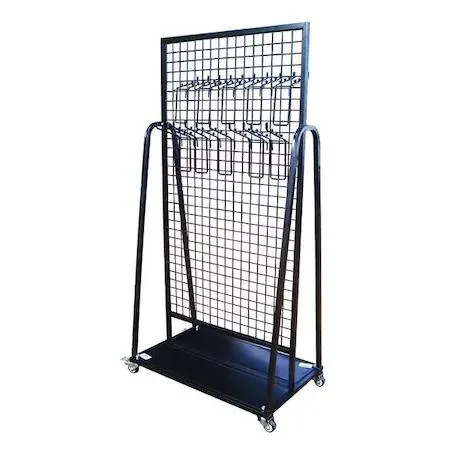 Black powder-coated steel tool rack, 38 in wide, with 10 movable hooks and four casters