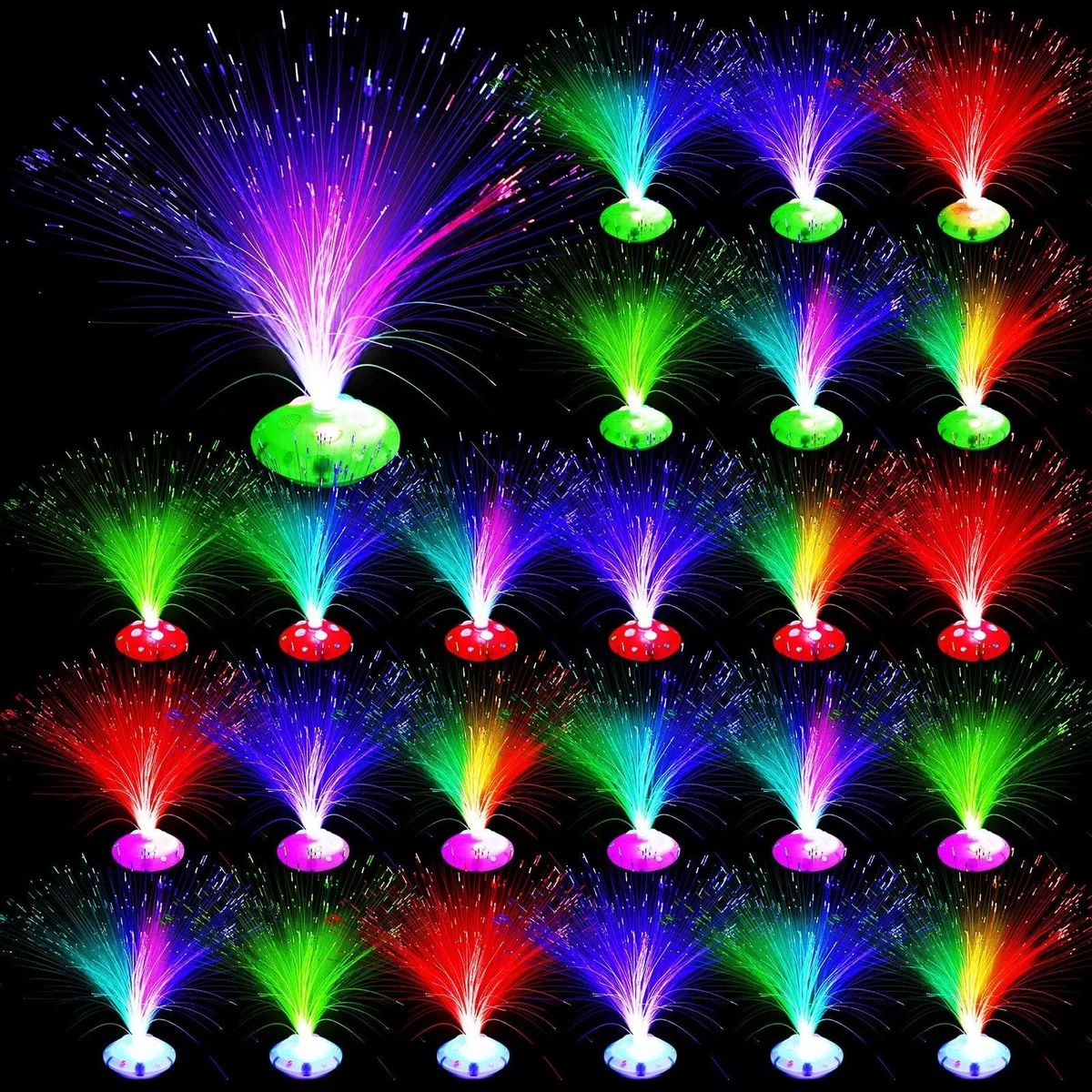 24 white cone-base fiber optic lamps with pink red blue green bases and multicolored LED light strands