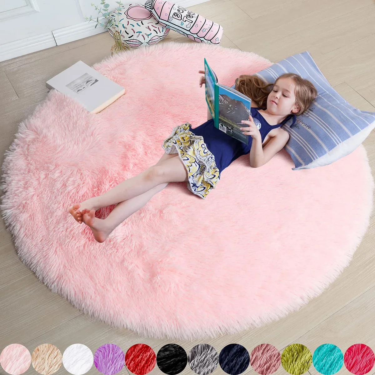 Pink round fluffy rug with 1.5 inch pile and rubber backing