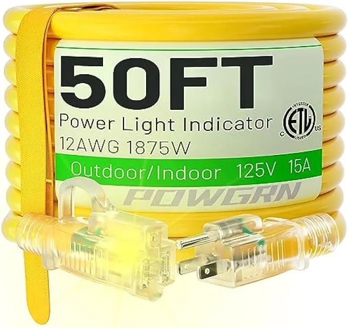 TAURKENAM TAURKENAM 50 ft 12/3 Outdoor Extension Cord Lighted End Yellow power adapter — product photo