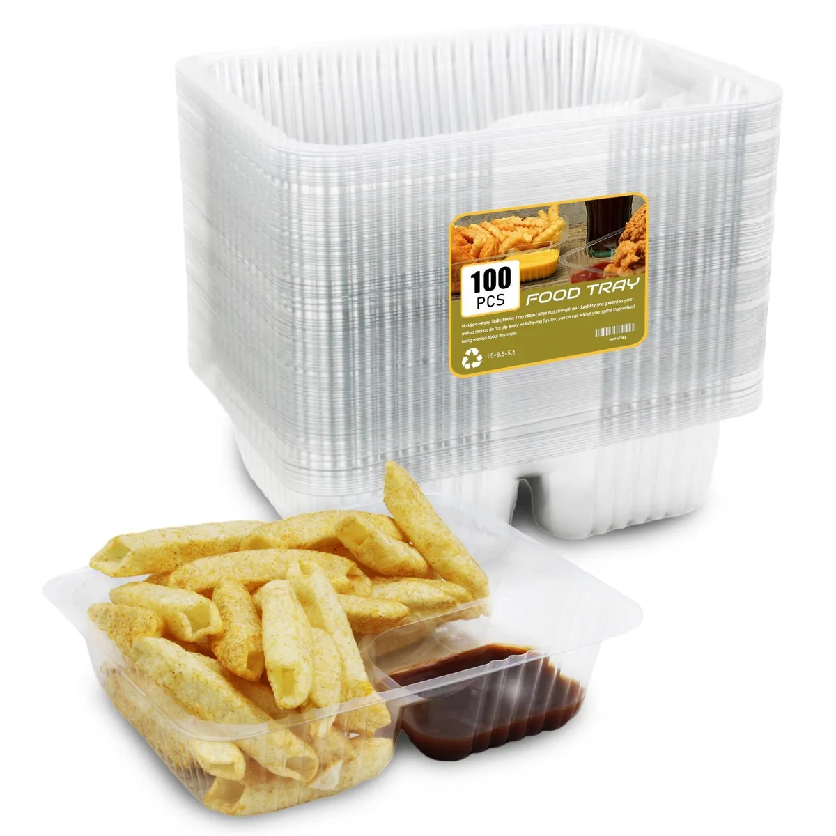 Red disposable plastic snack tray with two compartments for chips and dip