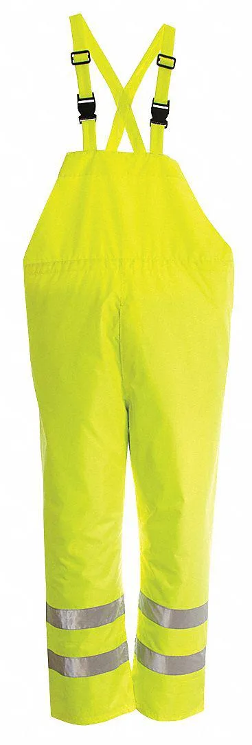Green-yellow hi-vis rain bib pants polyester polyurethane elastic waist hook-and-loop ankles