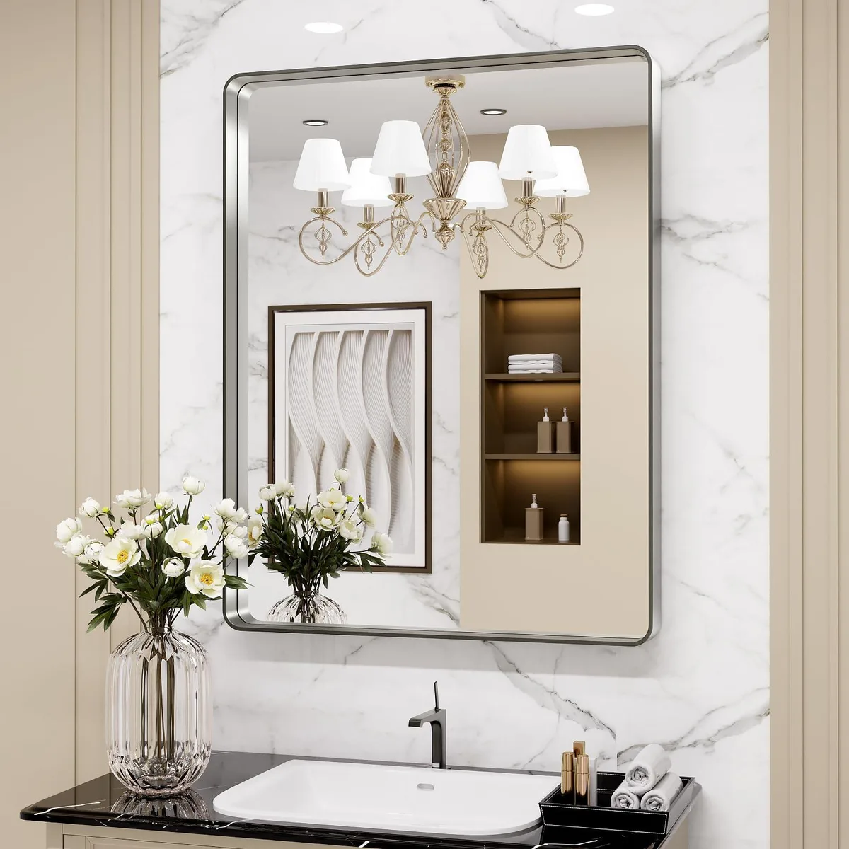 Rounded rectangle brushed nickel framed mirror 30 by 36 inches