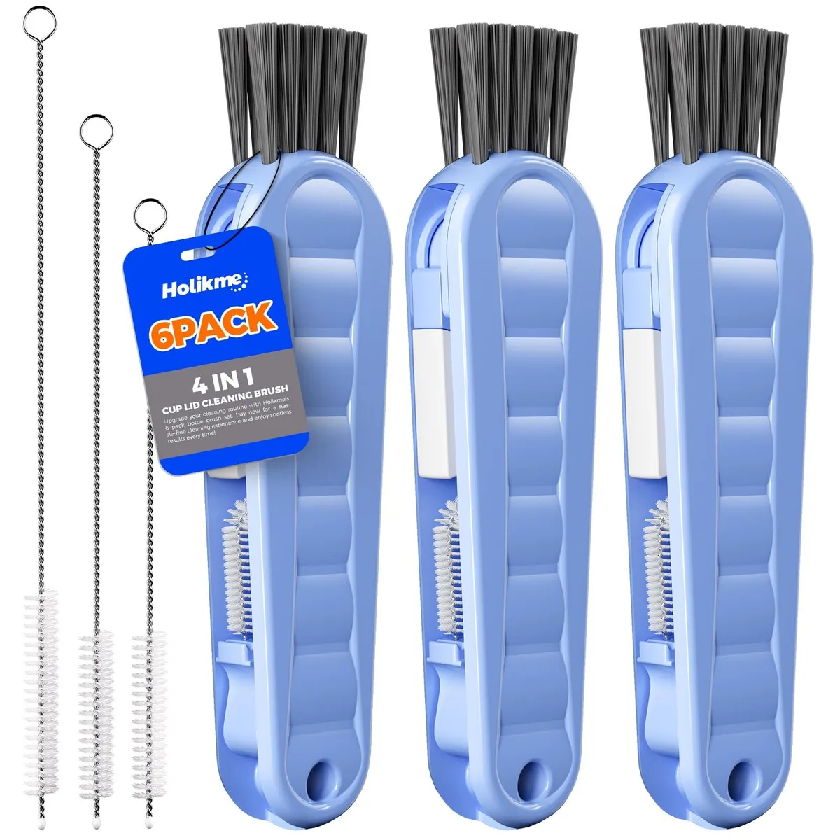  Holikme 6 Pack 4 in 1 Cup Lid Cleaning Brush Set with 3 Straws, Blue — product photo