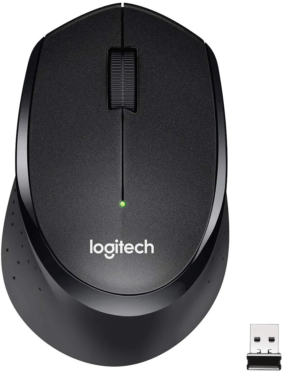Black Logitech M330 wireless mouse with contoured rubber grips and nano USB receiver