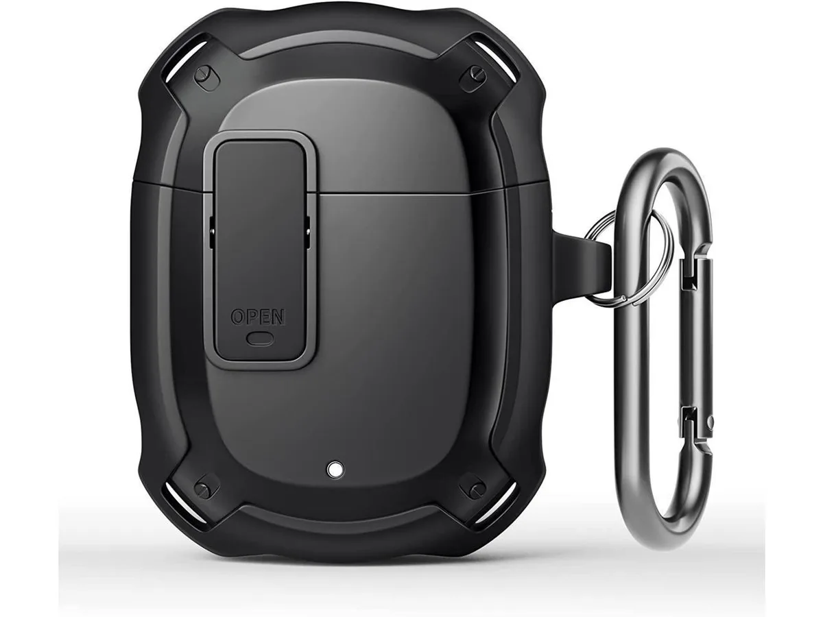 Black hard-shell protective case for Pixel Buds 2 with visible front LED, secure lock lid and metal carabiner clip