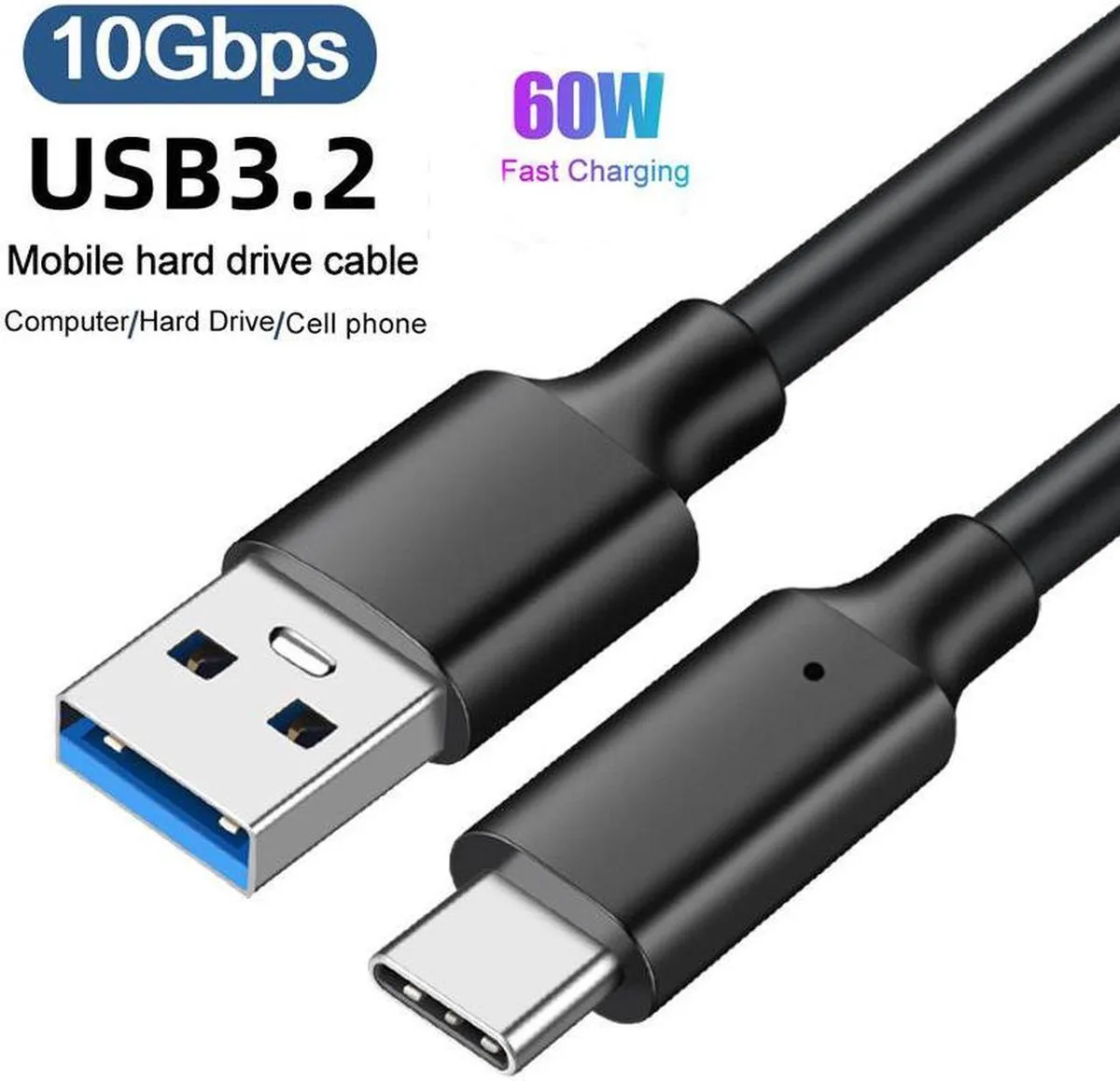 SMUGDESK SMUGDESK USB 3.2 Gen 2 A to C Cable 6.6FT 10Gbps 60W 2-Pack Black — product photo