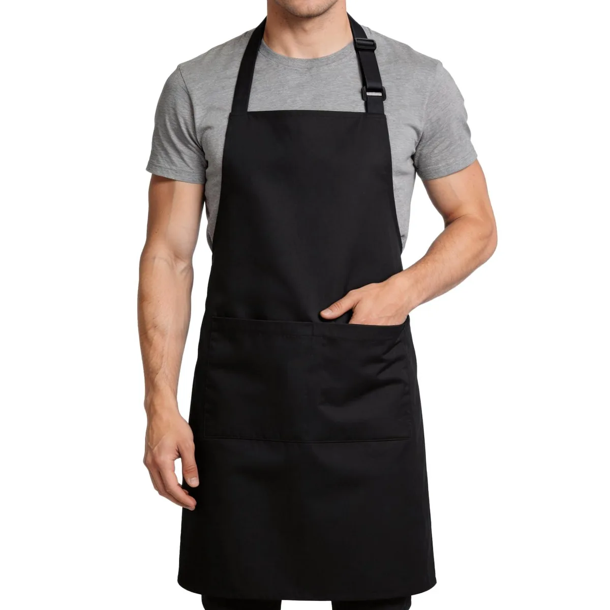 Black full-length chef apron with two large front pockets, adjustable neck strap and long waist ties