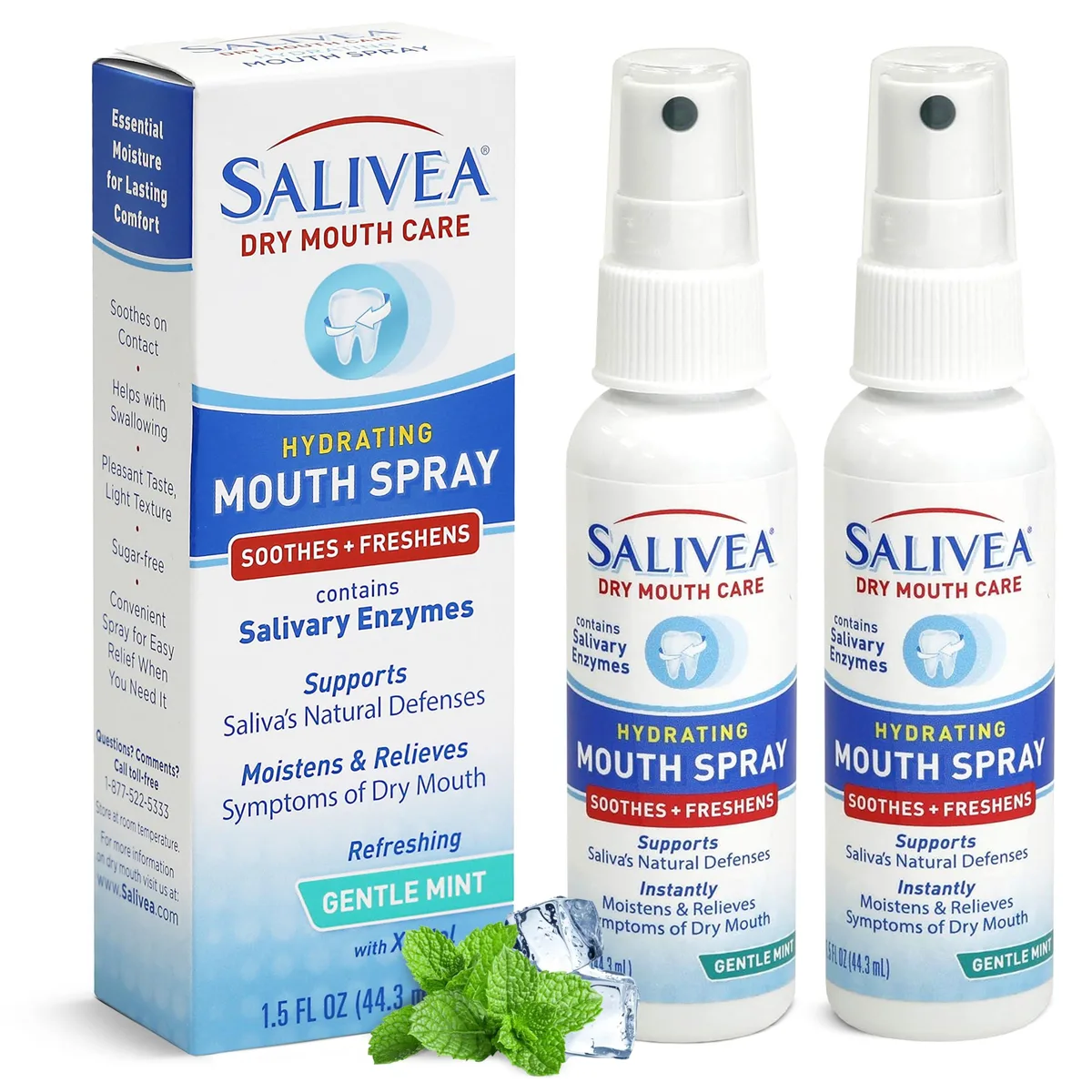 Two small mint oral spray bottles side by side