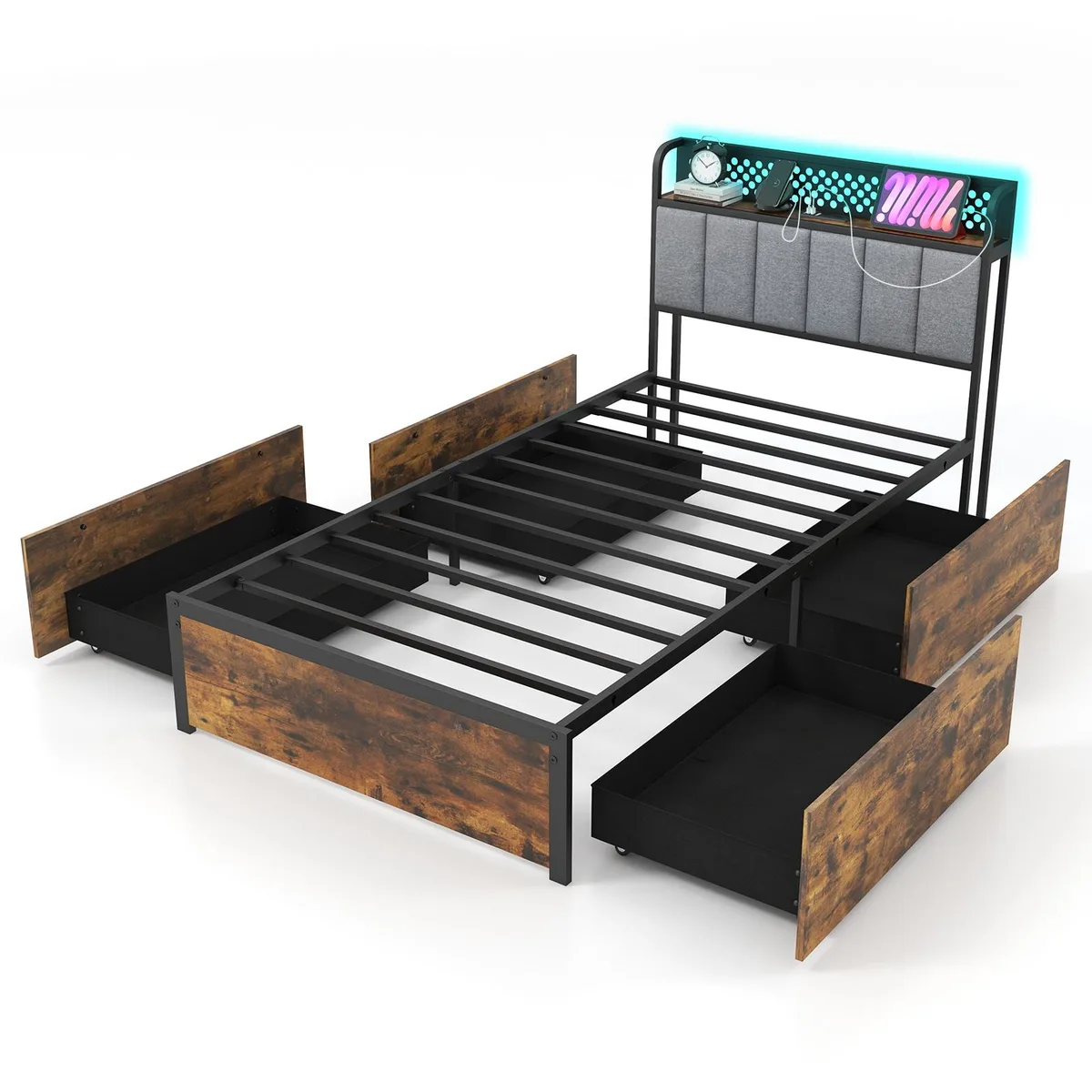 SlickBlue SlickBlue Twin Bed Frame with LED Lights, Upholstered Headboard, 4 Storage Drawers, Rustic Brown — product photo