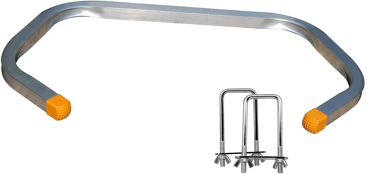 Aluminium corner ladder stabilizer, height adjustable, quick connect assembly, surface protection pads, made in USA
