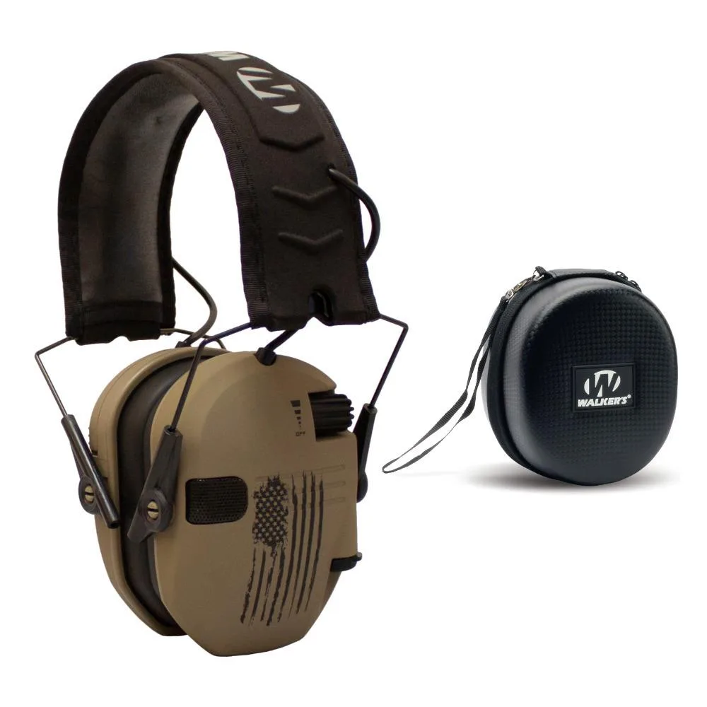 Slim electronic ear muffs in distressed flag pattern with protective case
